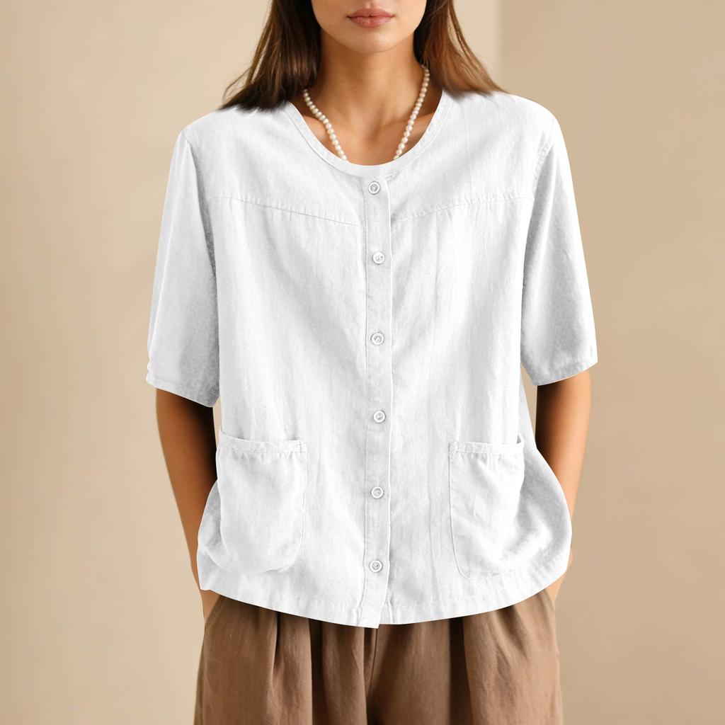 Women's Vintage Oversized Literary Cardigan Cotton-Linen Blend With Pockets Single Breasted Button Up Short Sleeve Top With Elegant Appeal