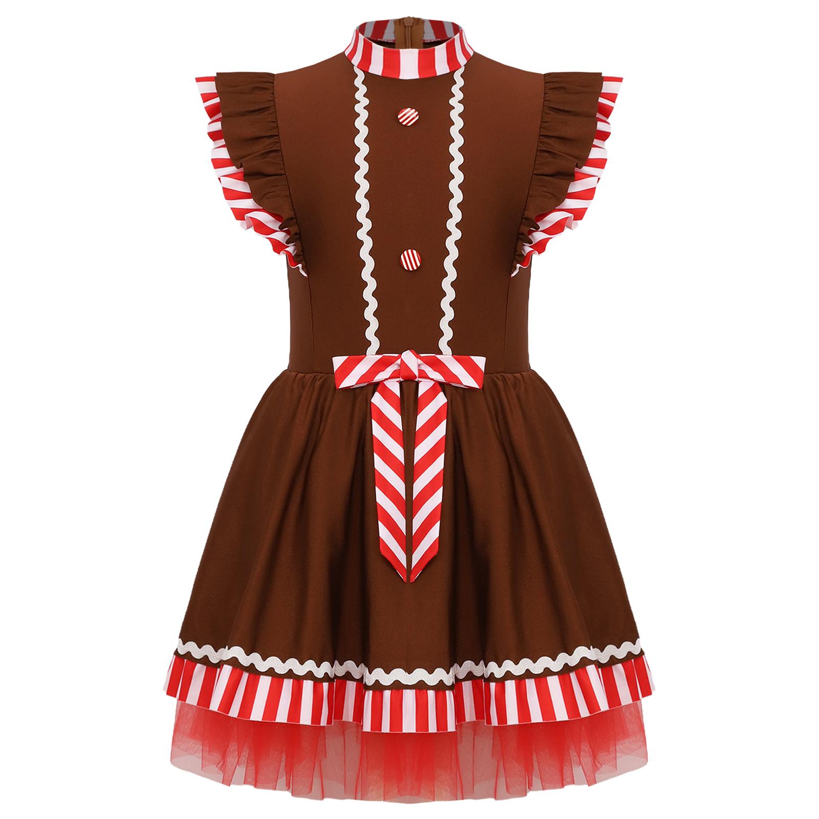 

Костюм девочки Рождественский Пряничный человечек Платье-пачка с рукавами-крылышками Полоски для вечеринки Танцев 9-10 Years