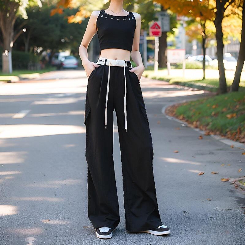 

Женский спортивный комбинезон летний новый на кулиске с высокой талией свободный и тонкий повседневный прямой брюки широкие от бедра 2XL чёрный