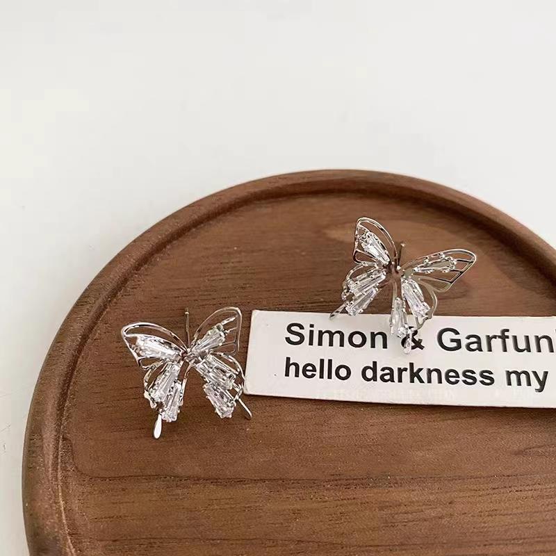 925 Sterling Silver Zircon Butterfly Stud Earrings - French Fairy Style