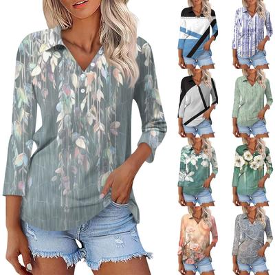 Women's Fashion Casual Long Sleeve Floral Print V-Neck Button Top