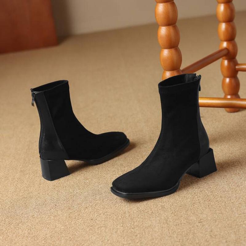 Podzimní a zimní semišové módní kozačky dámské gumová podrážka velká velikost dámské kozačky střední podpatek čtvercová špička zadní zip kožené kozačky čtvercový podpatek medi