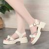 5.5cm Comfortable Soft Leather Bow Rhinestone Sandals Platform Shoes 2025 Summer Med Square Heels Sandals for Office Mom Daily