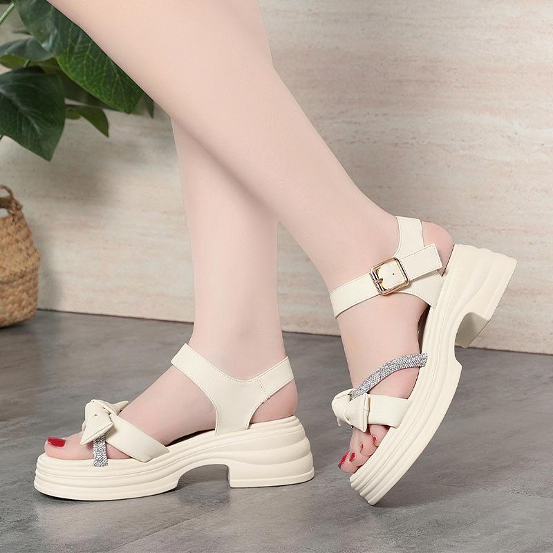 5.5cm Comfortable Soft Leather Bow Rhinestone Sandals Platform Shoes 2025 Summer Med Square Heels Sandals for Office Mom Daily