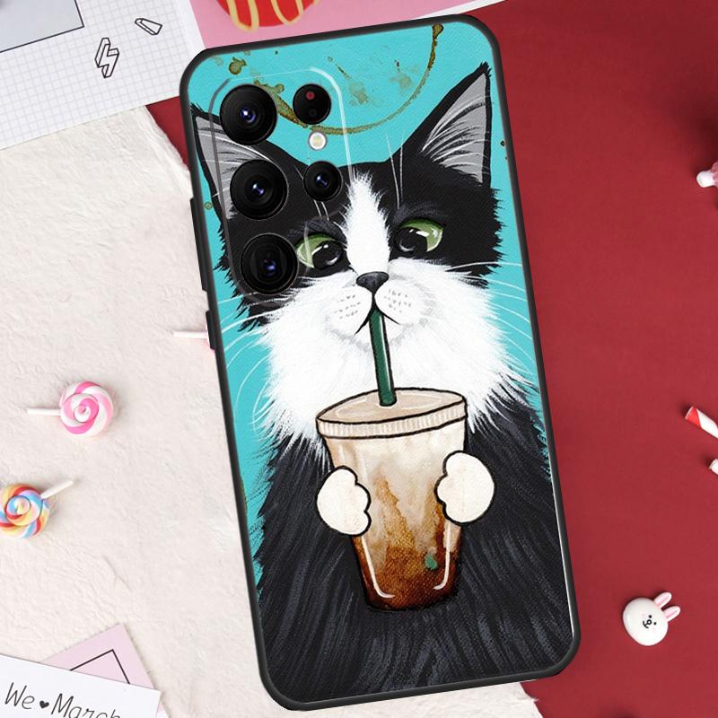 Cute Coffee Milk Cat Case For Samsung Galaxy S25 FE S23 FE S20 S21 S22 S24 S25 S26 Ultra S10 S25 Plus Cover Shell