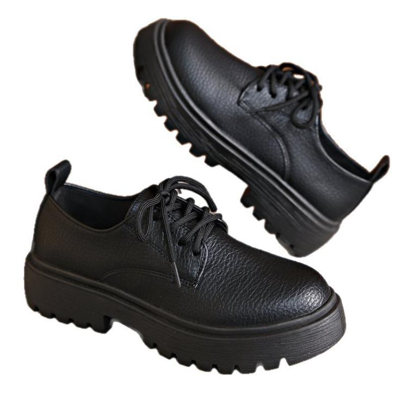 Women's Round Toe Lace-Up Chunky Heel Leather Shoes, Thick Sole Retro Casual Flats, Plus Size Fall Footwear