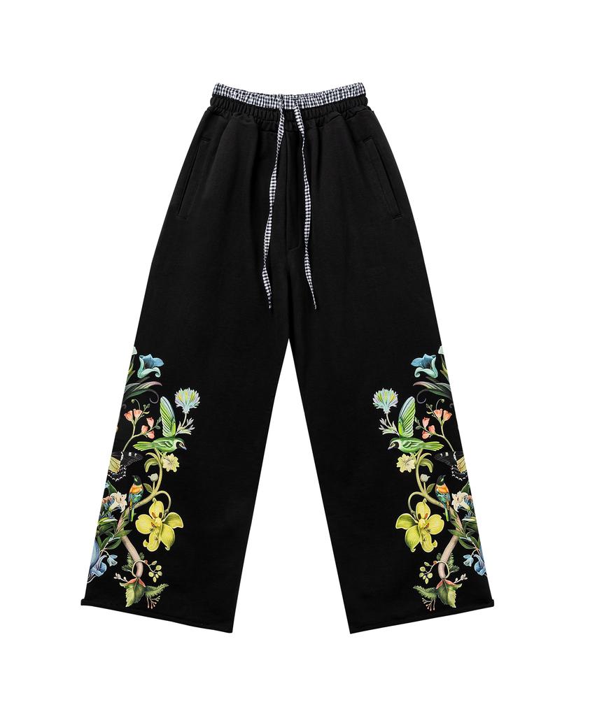 Tusyesongjeu Black Flower Print Wide Jogger Pants
