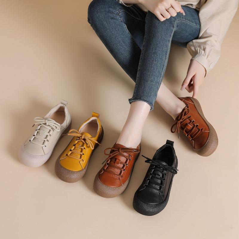 Genuine Leather Shoes Women Flat Casual Shoes Soft Cow Leather Brand Shoes Black Yellow Comfortable Plus Size 41