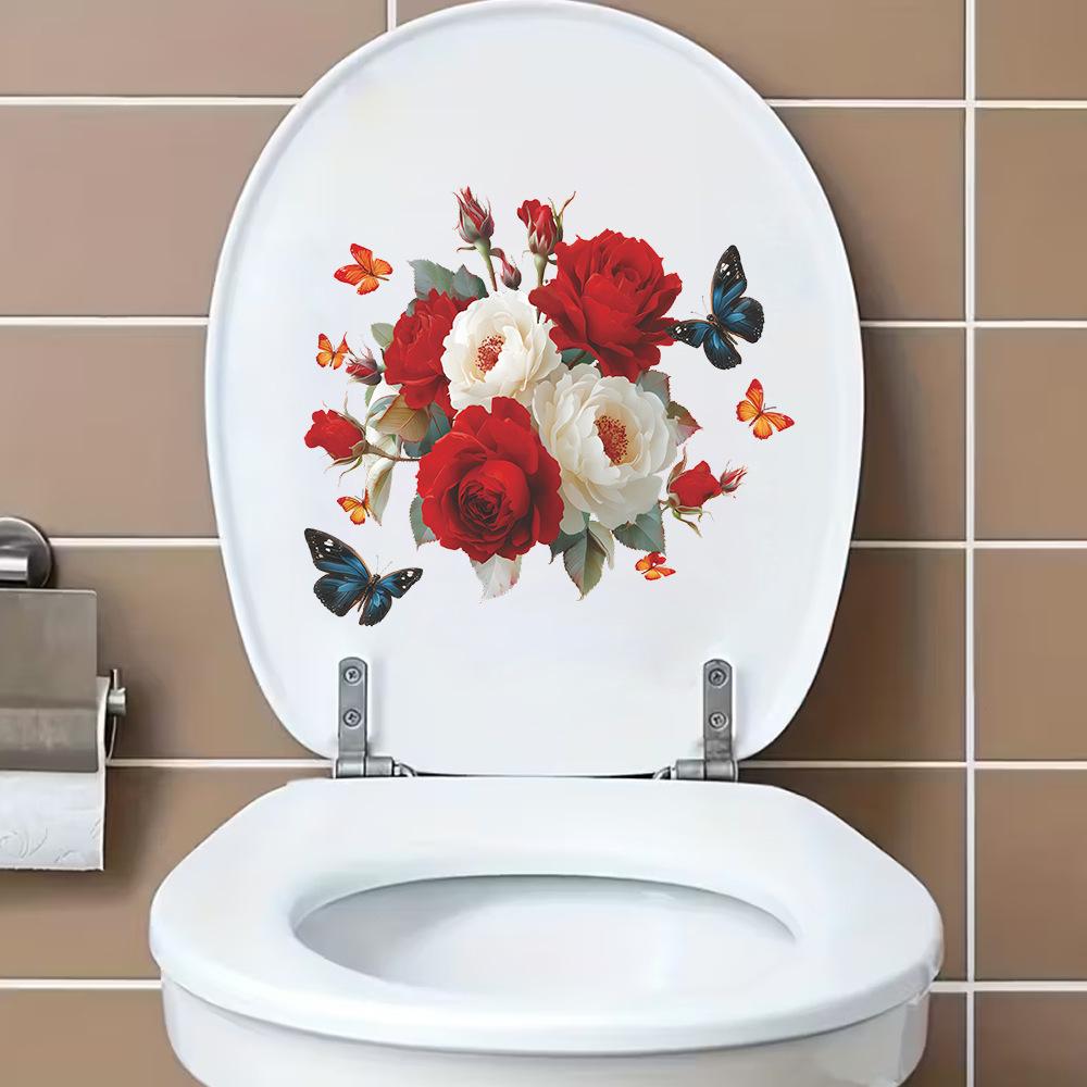 Hand Painted Red and White Roses with Flying Butterflies Toilet Seat Sticker Bathroom Decor Self-Adhesive Removable Decal