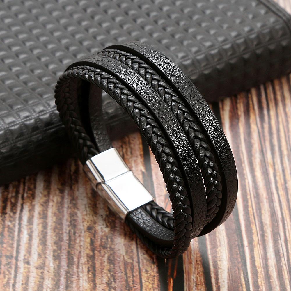 Unisex Hand-Woven Leather Bracelet with Magnetic Stainless Steel Clasp