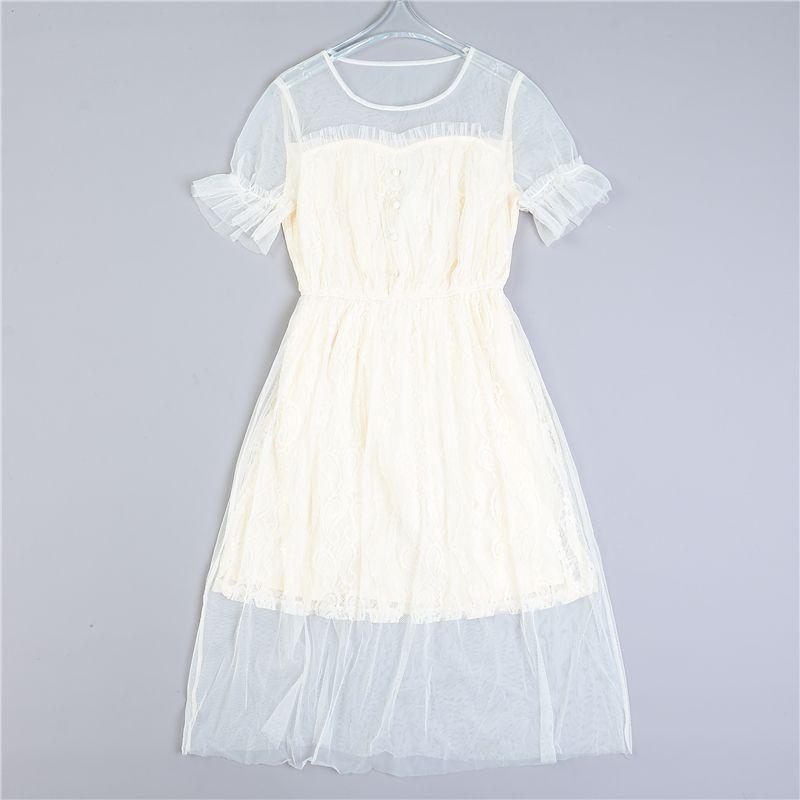 

216 Платье из французского сетчатого кружева с коротким рукавом L79623 Летнее милое нишевое стиля с завышенной талией А-силуэта Супер фея женское платье 1 M White L