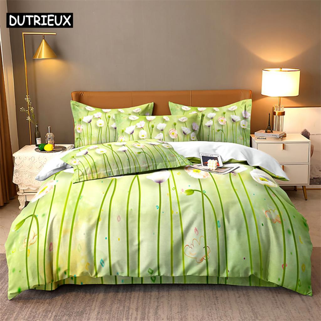 

Green Flowers Queen Комплект постільної білизни Комплект постільної білизни Підковдра Комплект постільної білизни Підодіяльник Комплект постільної білизни Постільна білизна King Size Комплект постільної білизни Підковдра 155x215cm 3pcs&set