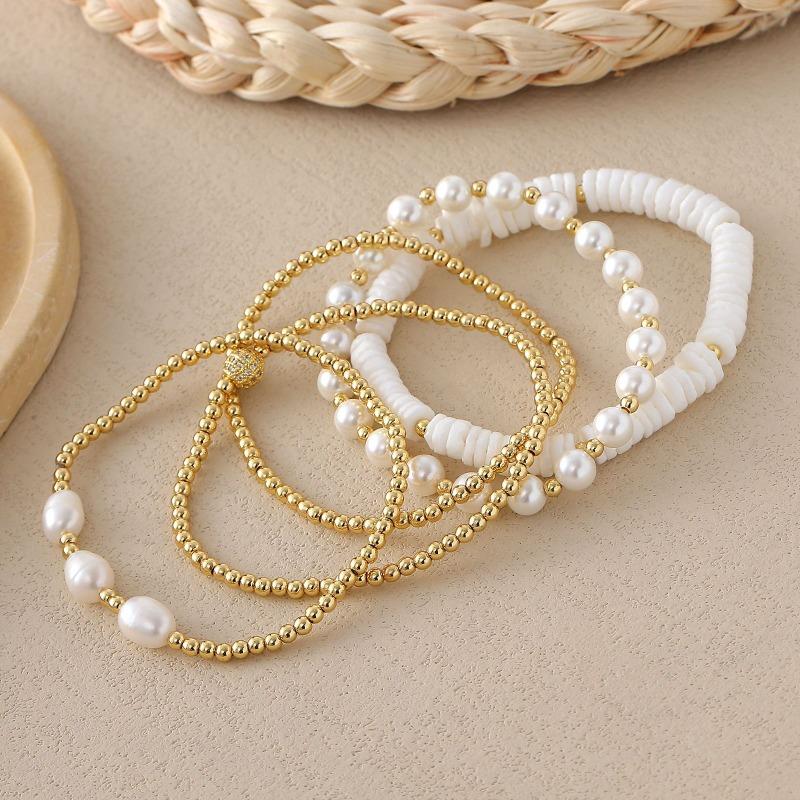 Meier 18k Copper Plated Beaded Elastic Bracelet Imitation Pearl Multi-layered Beaded Bracelet Easiest for Match