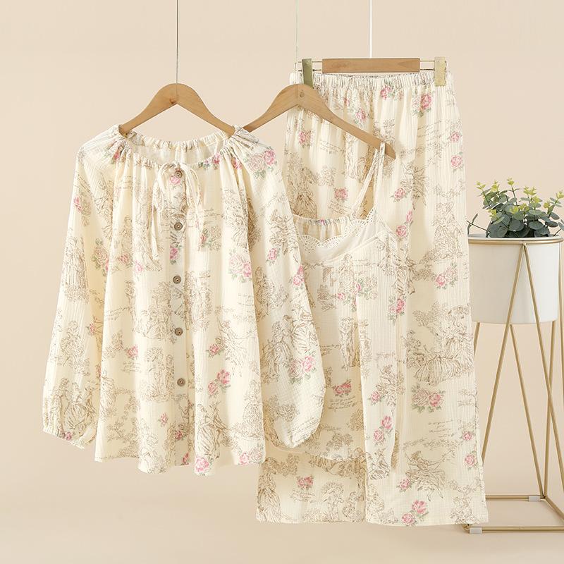 

Весна и лето Новый женский пижамный комплект 100% хлопок креп длинный рукав + подтяжки + брюки кружевной костюм-тройка для женщин XL