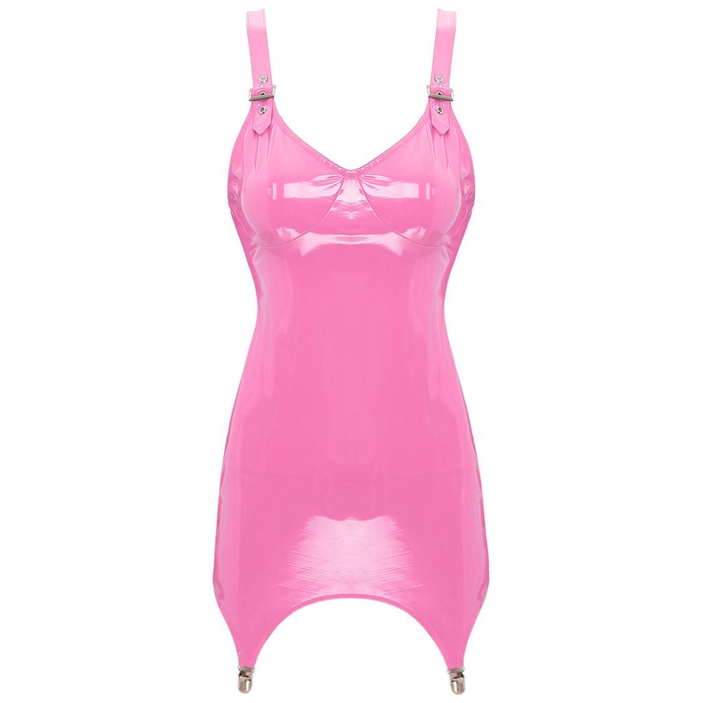 Womens Glossy Patent Leather Adjustable Straps Back Zipper Bodycon Dress