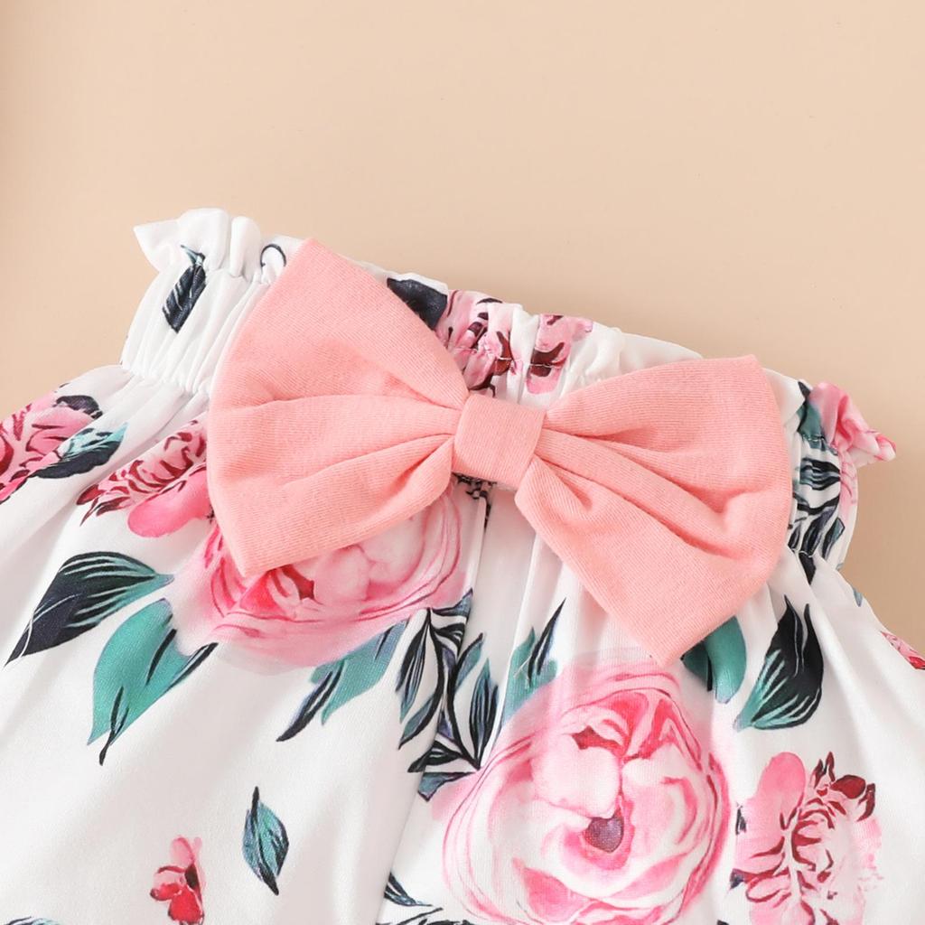 Summer Baby Girl Floral Outfit: Lettered Flutter Sleeve Bodysuit & Bowknot Flower Shorts Set
