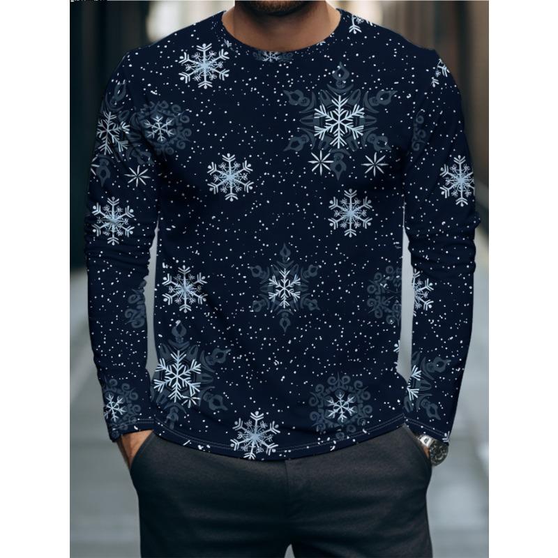 Men's Christmas Theme Crewneck Long-sleeve Top, Holiday Party Fun Printed Casual Sweatshirt with Snowflake, Reindeer and Santa Claus Patterns