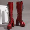 Sexy Lace Up Platform Long Boots Women Thick Gothic Heels High Knee Boot Winter Red Black Green Fetish Party Shoes Large Size 48