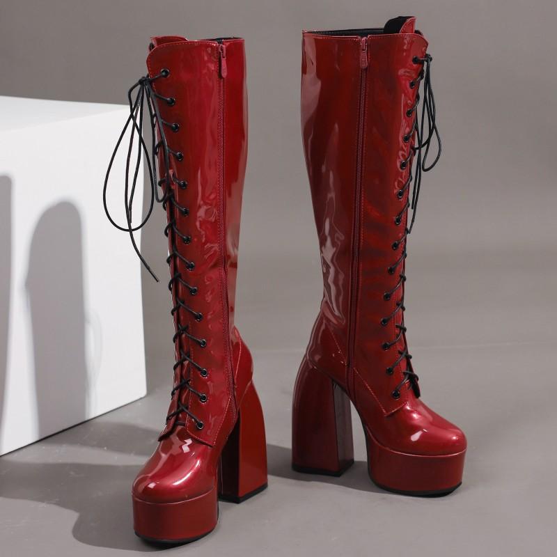 Sexy Lace Up Platform Long Boots Women Thick Gothic Heels High Knee Boot Winter Red Black Green Fetish Party Shoes Large Size 48