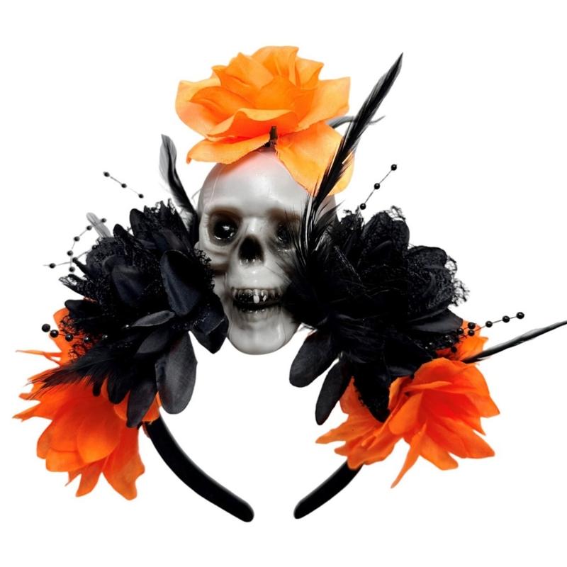 Halloween Party Skull Headpiece With Punk Flower Decors Comfortable Hairband For Adult Costume Event Gathering Headwear