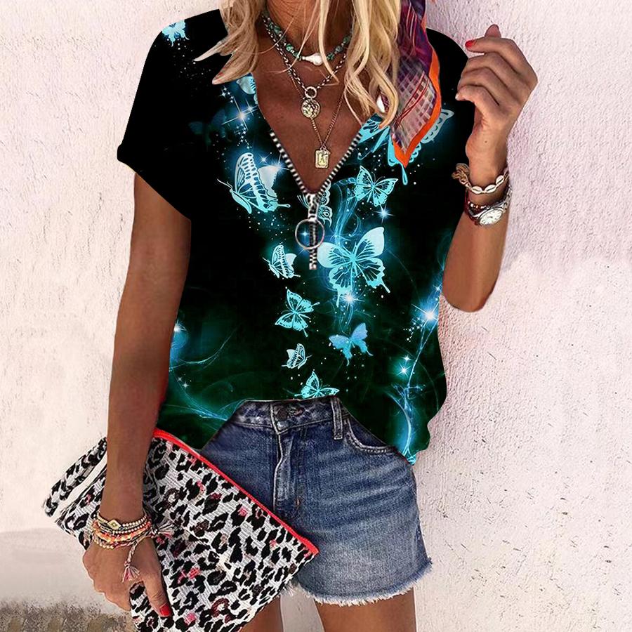 

Женский топ, летний новый модный топ с светящимися бабочками и принтом розы, повседневный топ на молнии с v-образным вырезом и короткими рукавами 8XL светло-синий