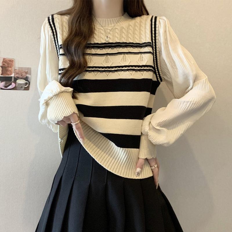 

Splicing fake two-piece striped knitted sweater women s early autumn large size fat mm thin unique chic shoulder top One size fits all [recommended 80-60kg] абрикосовый