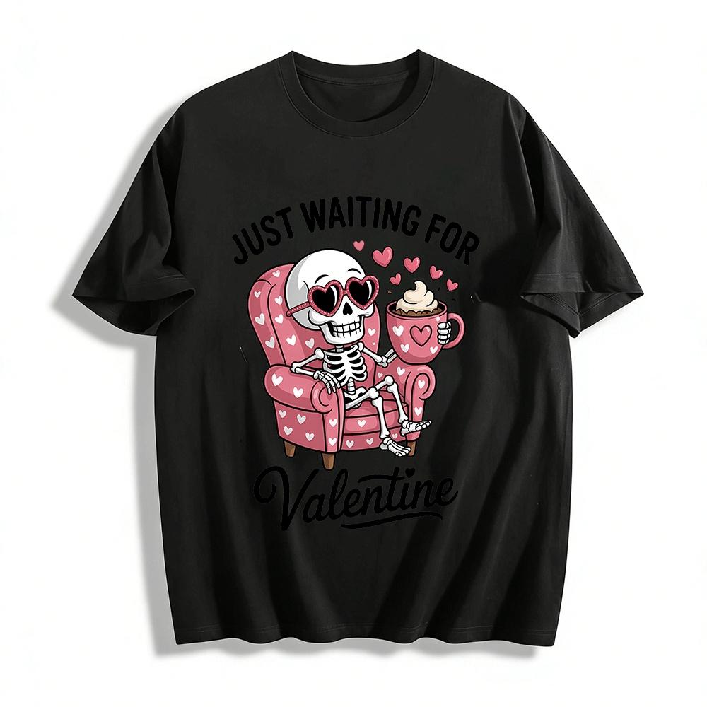 Just Waiting For Valentine Skeleton Heart Coffee Print Top Pure cotton T-shirt XXS