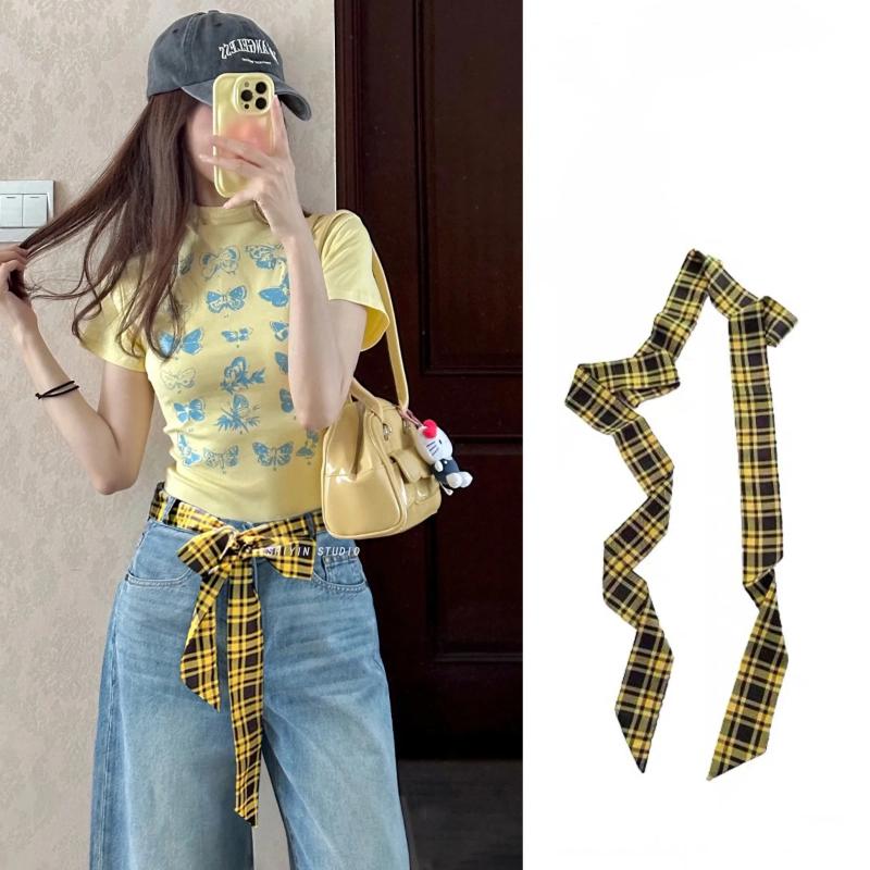 Long Skinny Plaid Waist Belt With Jeans Necktie Scarf Decorative Accessory Personality Trendy Hairband Fashionable Accessory