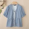 ZANZEA Women Ruffles Round Neck Summer Casual Grid Print Short Sleeve Blouse