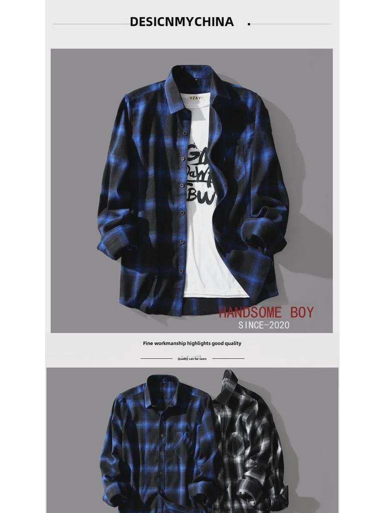 Men's Korean-Style Black and White Plaid Long-Sleeve Casual Shirt