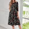 Women's Loose Casual And Fashionable Round Neck Seven Quarter Sleeved Printed Mid Length Dress