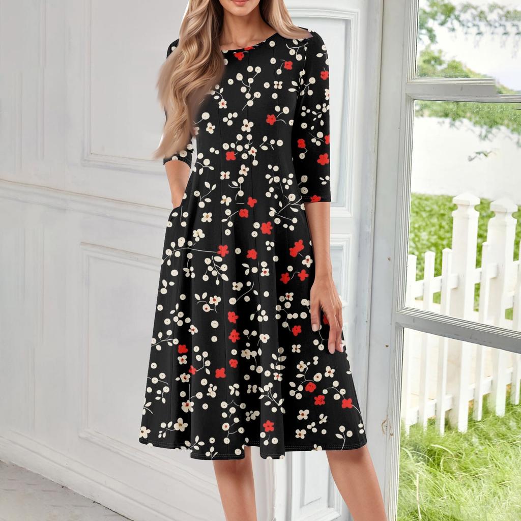Women's Loose Casual And Fashionable Round Neck Seven Quarter Sleeved Printed Mid Length Dress