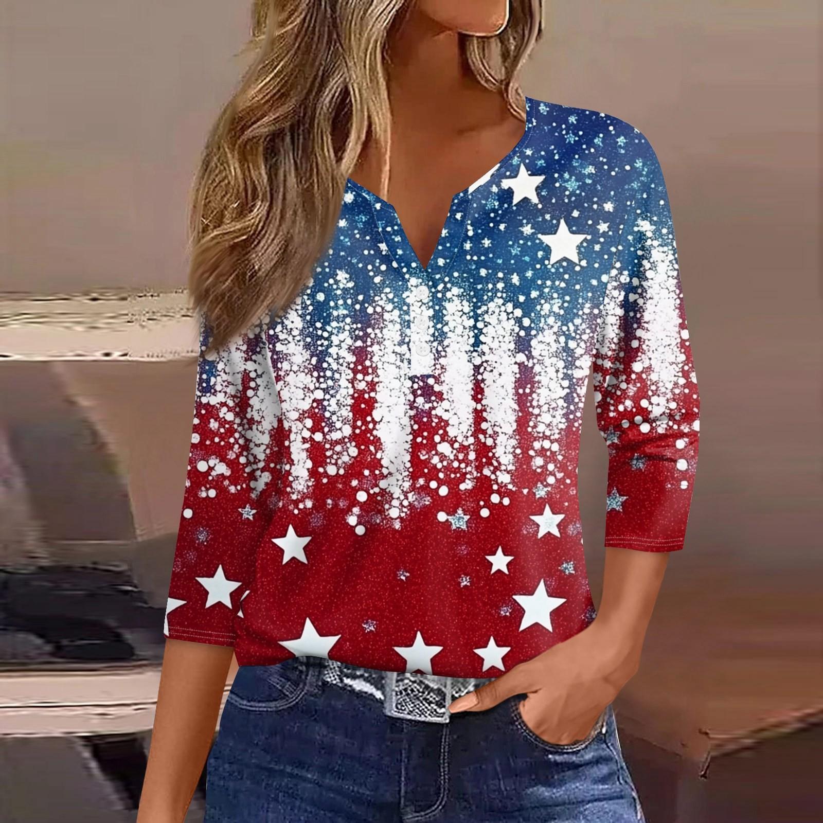 

Женская футболка с принтом «День независимости» на пуговицах, рукав 3/4, туника, повседневная мода на выходные, базовый топ с V-образным вырезом S красный