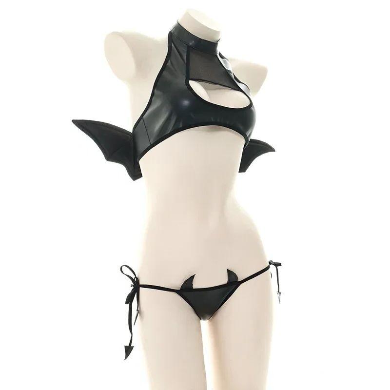 GUUOAT Sexy Patent Leather Women Lingerie Set Little Devil Wings Underwear SM Flirting Open Chest Underwear Porn Bra Costume