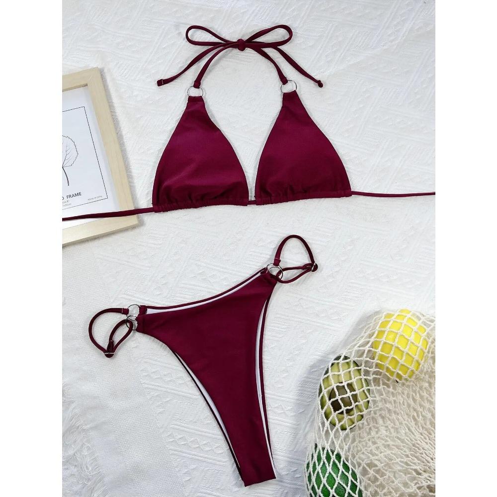 Seturi Bikini Femei cu Gât Legat costume de baie din două piese Culoare Roșu Vin și Maro Costume de Baie 2025 micro bikini Biquini conjunto de bikini