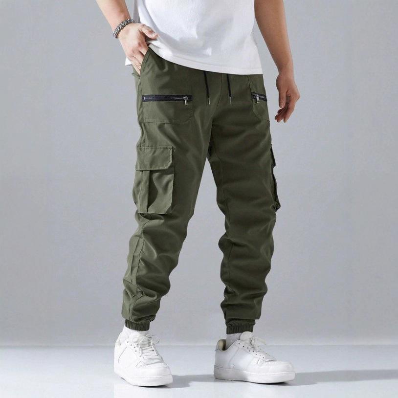 Men's Jogger Cargo Pants Multi Zipper Pockets Drawstring Elastic Waist Streetwear Tactical Ankle Cuffed Trousers