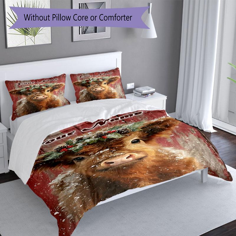 3PC Custom Name Winter Highland Cow Portrait Bedding Set Printed Bedding Set Duvet Cover Closure Includes 1 Duvet Cover & 2 Pillowcases for All Season