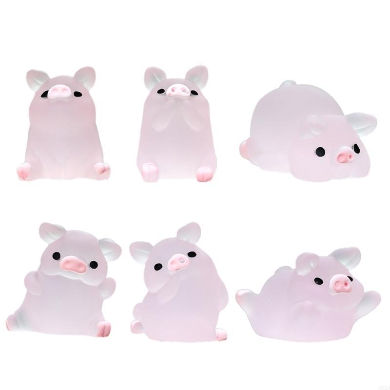 62KD 6Pcs Luminous Pig Ornaments Car Mini Resin Piggy Figures Miniatures Garden Pigs