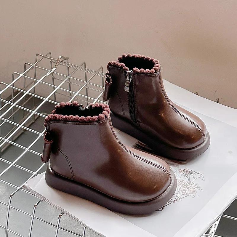 2024 Children Short Plush Boots for Girls Autumn Winter New Fashion Korean Style Soft Anti-slippery Sweet Bowtie Leather Shoes