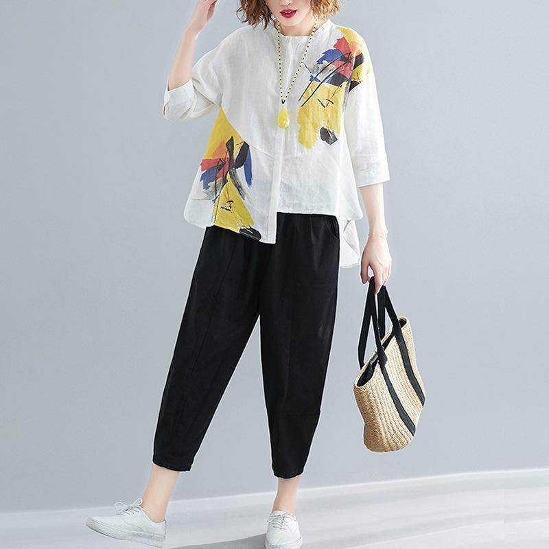 

Women Suit Summer Cotton Linen T-shirt Pants Two Piece Set Comfortable Retro Print Two Piece Suit Plus Size XXXXXL чёрный