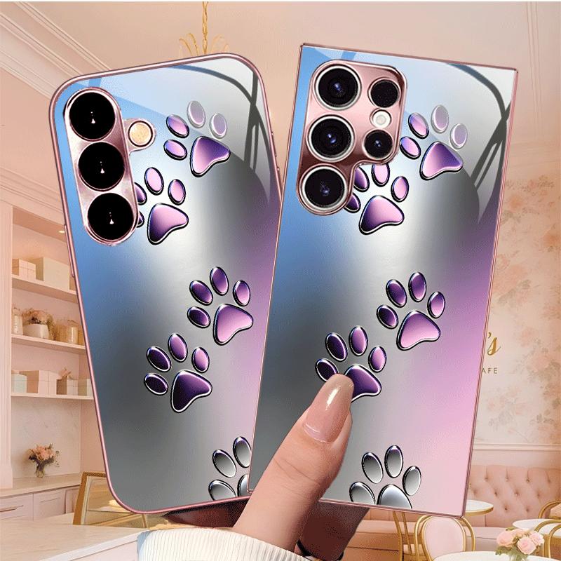 Metallic Cat Paw Print Glass Phone Case Fashion Phone Cases S26 Ultra Case for Samsung Galaxy S26 S25 S24 S23 S22 FE Ultra Plus