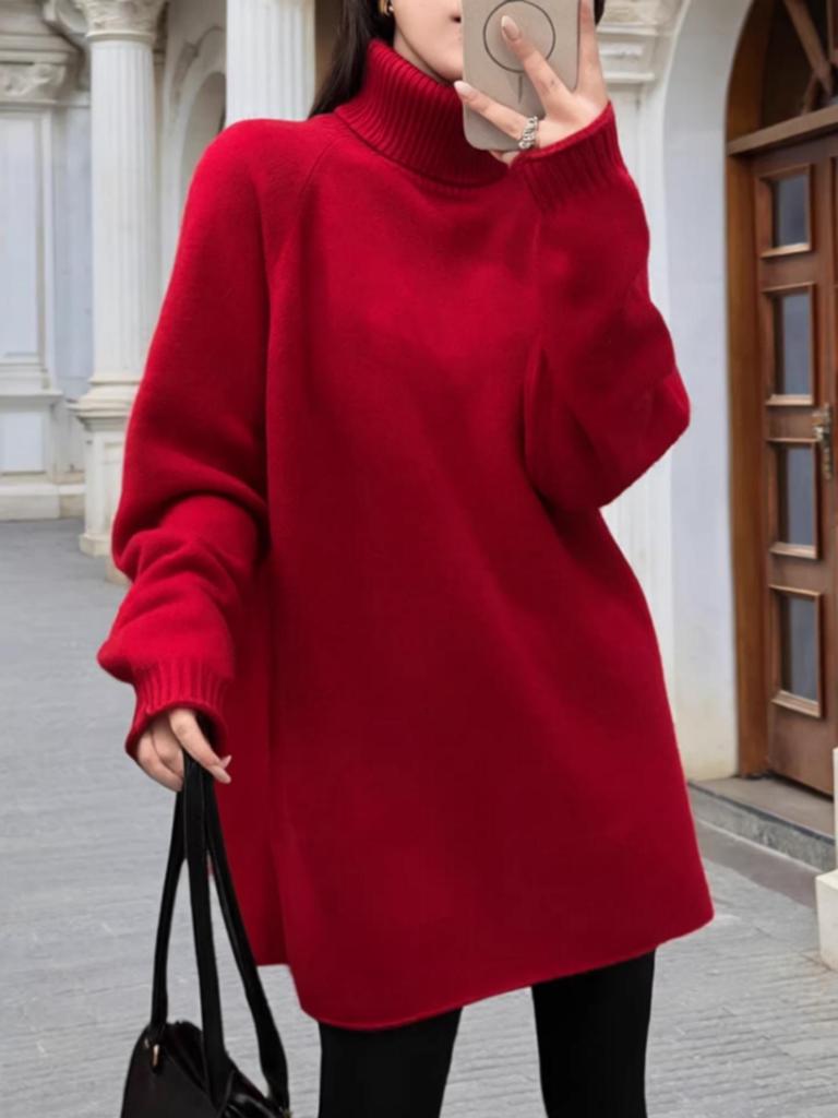 Women's Thick High-Neck Knit Sweater - Mid-Length, Loose Fit, Plus Size, Covers Buttocks.