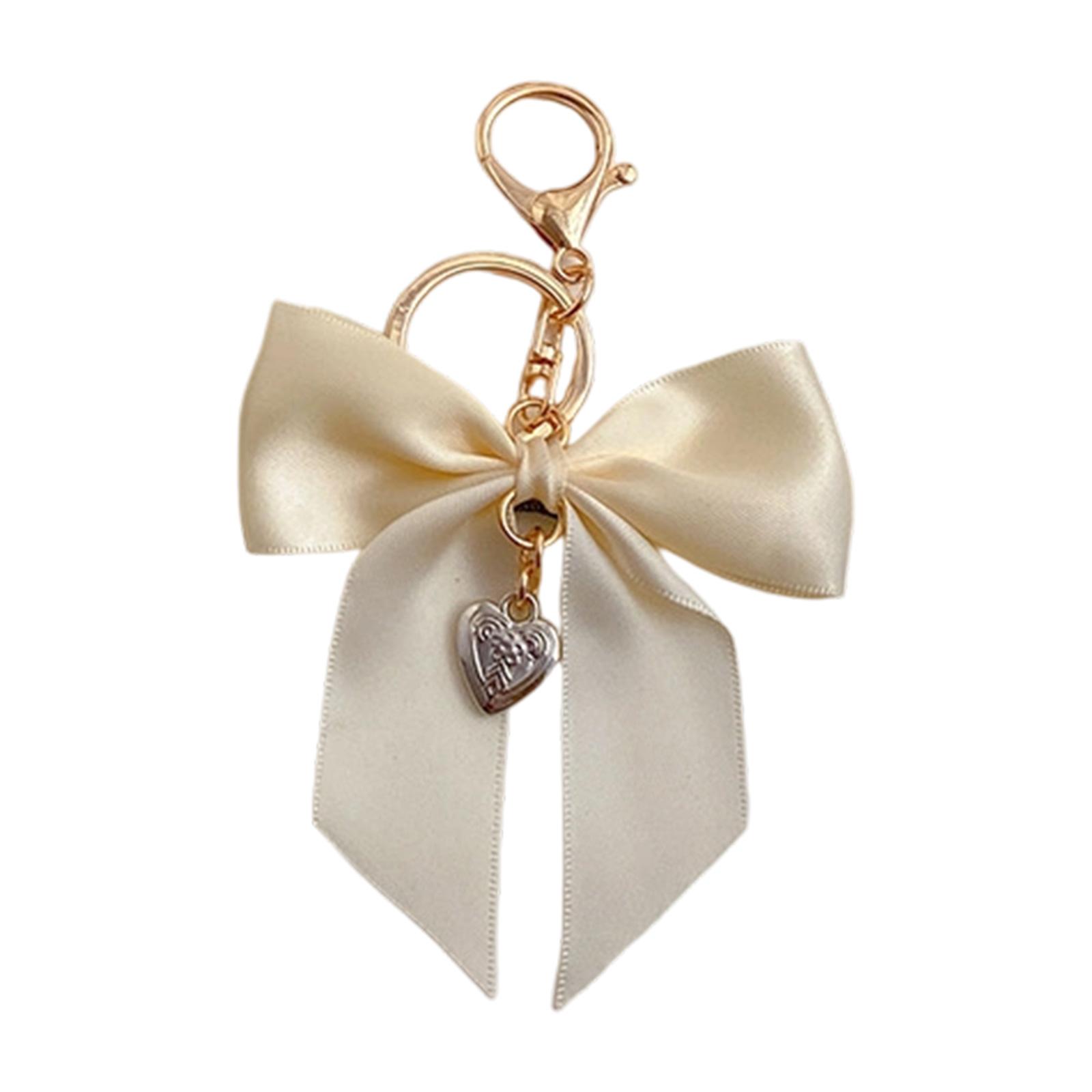 

Elegant Ribbon Bows Keychain With Imitation Pearls Detail For Handbag Purse Decoration Practical Alloy Keyring Accessory A бежевий