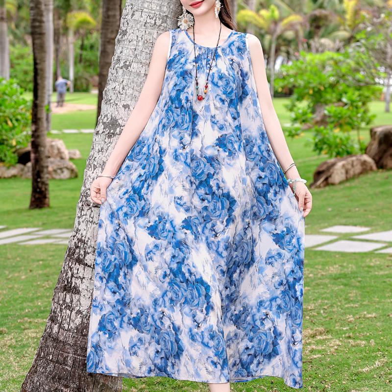 Plus Size Elegant Women's Summer Dress Casual Loose Sleeveless Long Dress Female Vintage Clothes