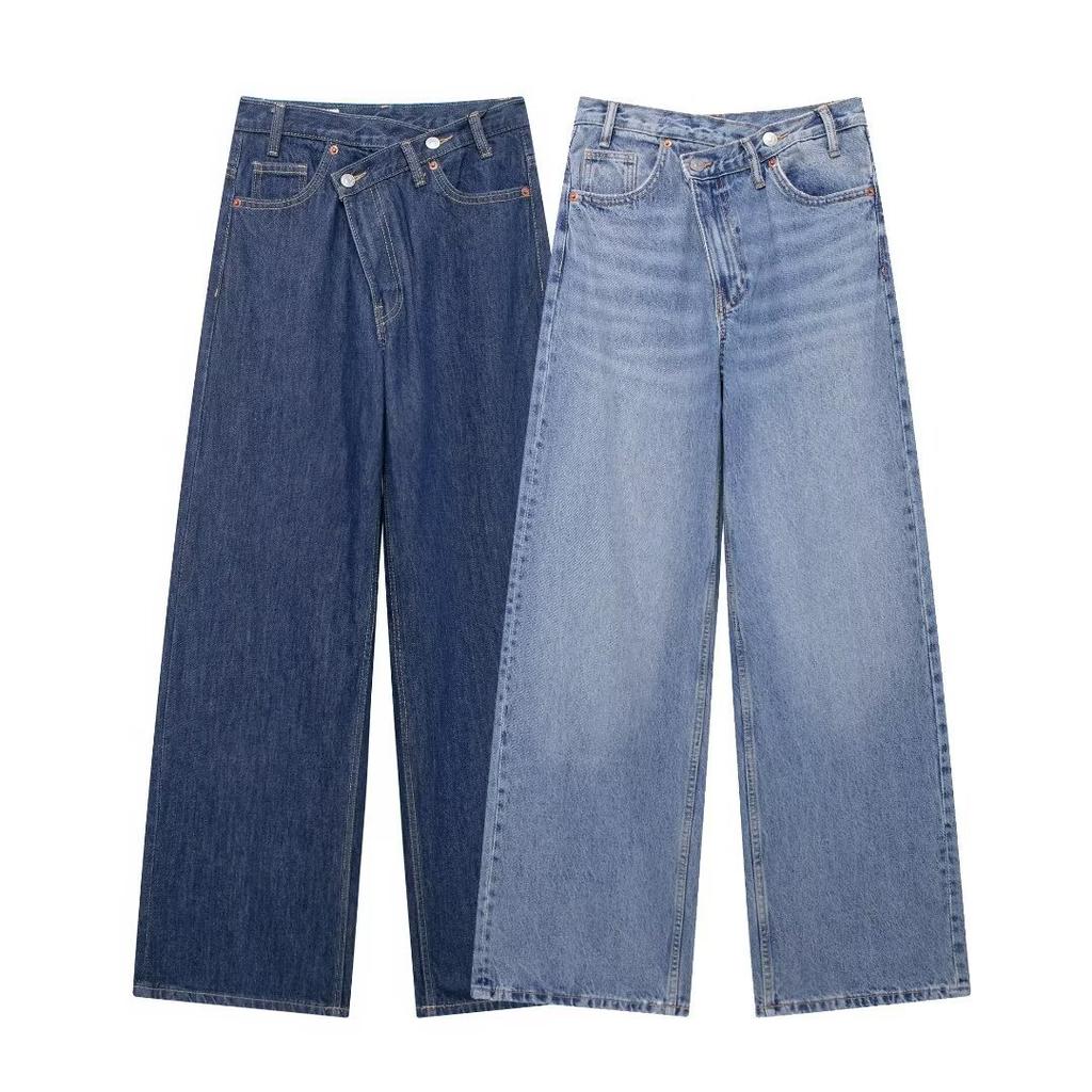 Autumn Women Denim Jeans Causal Ladies Zipper Wide Leg Long Pants Vintage Pockets Loose Streetwear Baggy Chic Trousers