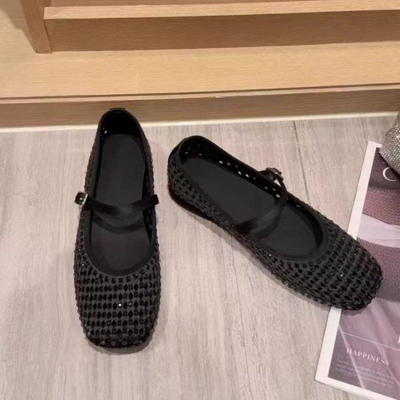 

Spot version shallow single shoes 2025 new women s shoes rhinestone summer hollow square heel one word Mary breathable hole shoes 42 чёрный