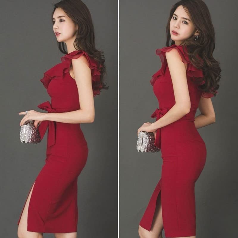 ISLAYCAOLILA Cabaret Mini Club Party Tight Midi C44 Silvia Dress, Dress, Dress, Dress, Dress, Ruffle, One-Shoulder Strap, Sleeveless, Ribbon,