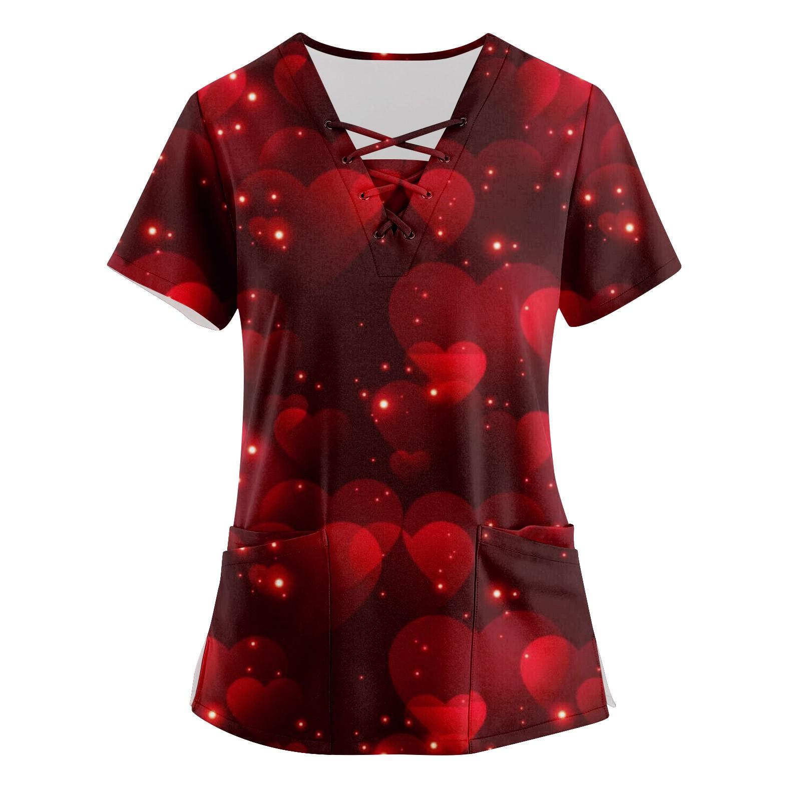 

Жіночі топи з хрестовим V-подібним вирізом і принтом до Дня Святого Валентина, з короткими рукавами, веселі футболки, робочий одяг, футболки з кишенями XL винний