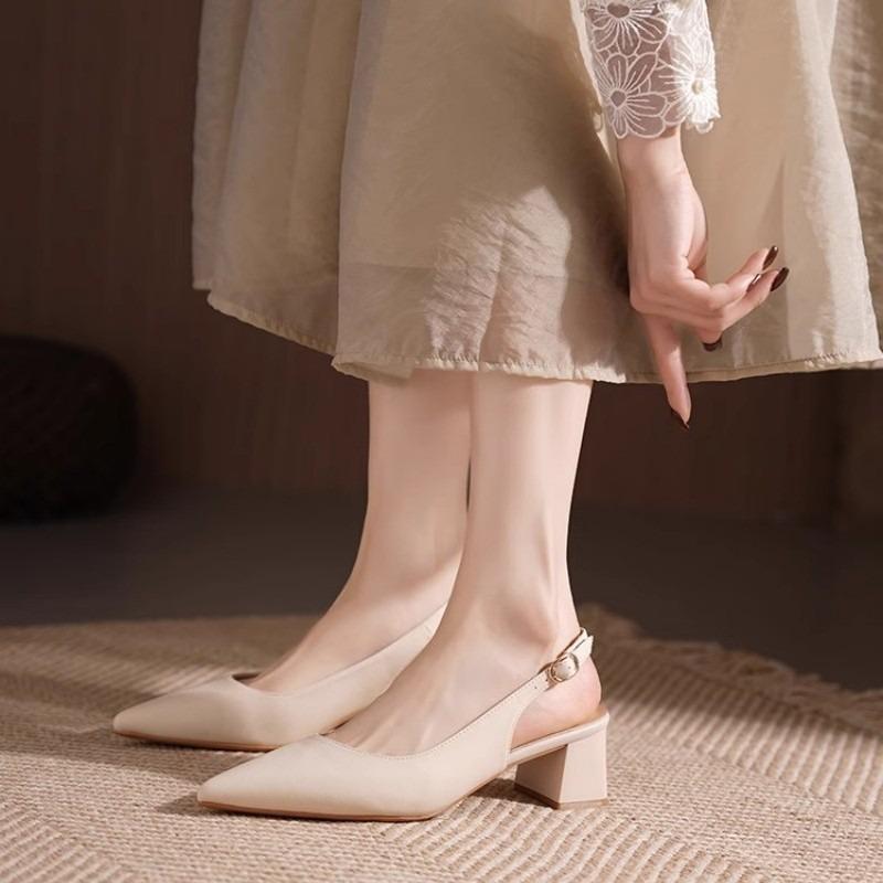 Summer New Pointed Head Bag Head One-word Buckle Sandals Women's Fashion Thick Heel High Heel Gentle Sandals