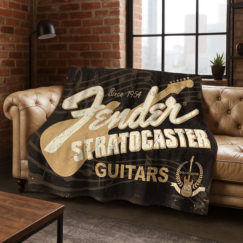 Fashion Fender Logo Guitar Music Instruments Art Flannel Blanket,Cozy Soft Throw Blanket for Home Bedroom Bed Sofa Cover Gift